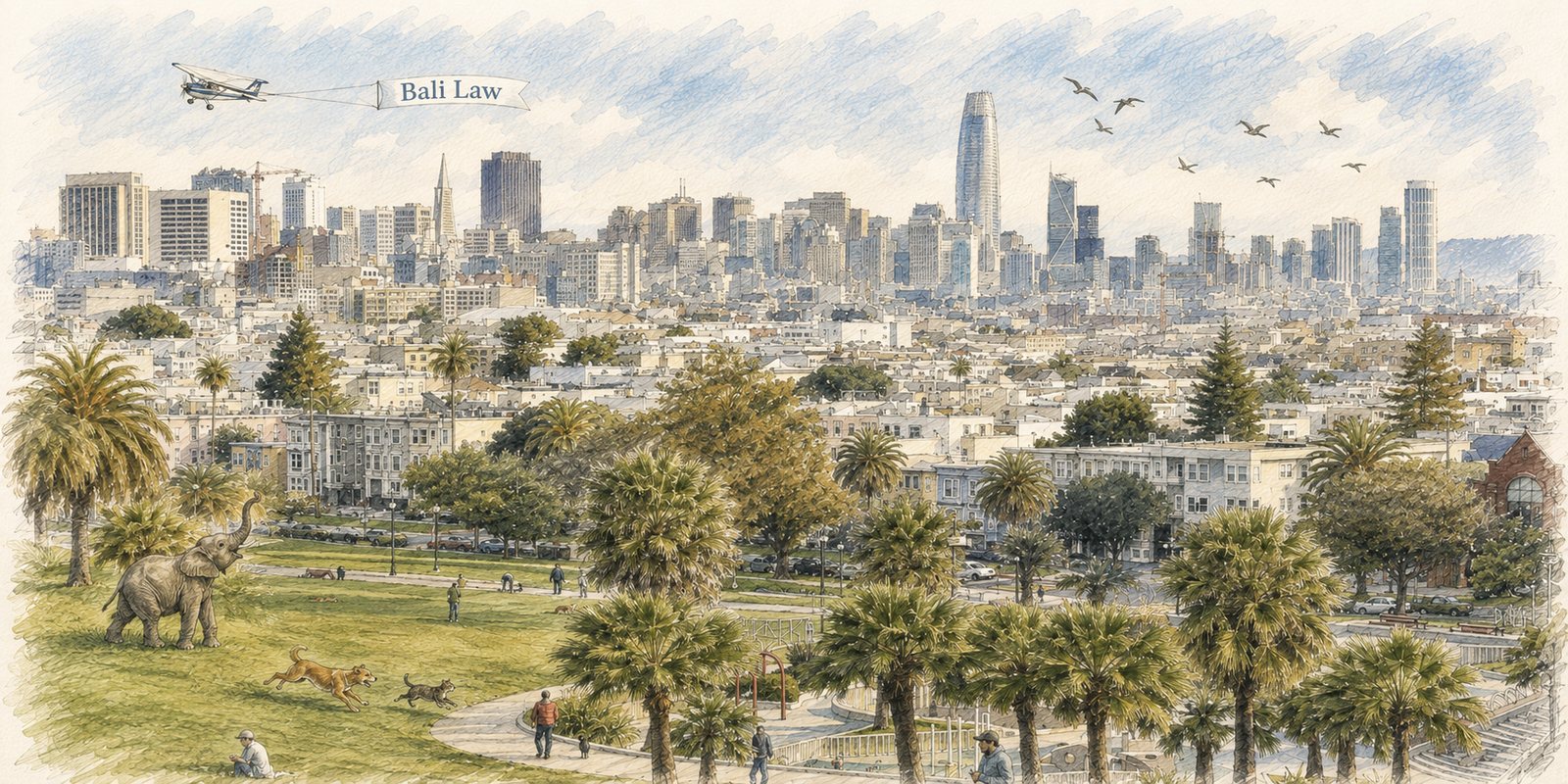 Watercolor illustration of San Francisco from Dolores Park — a small plane tows a Bali Law banner over the skyline