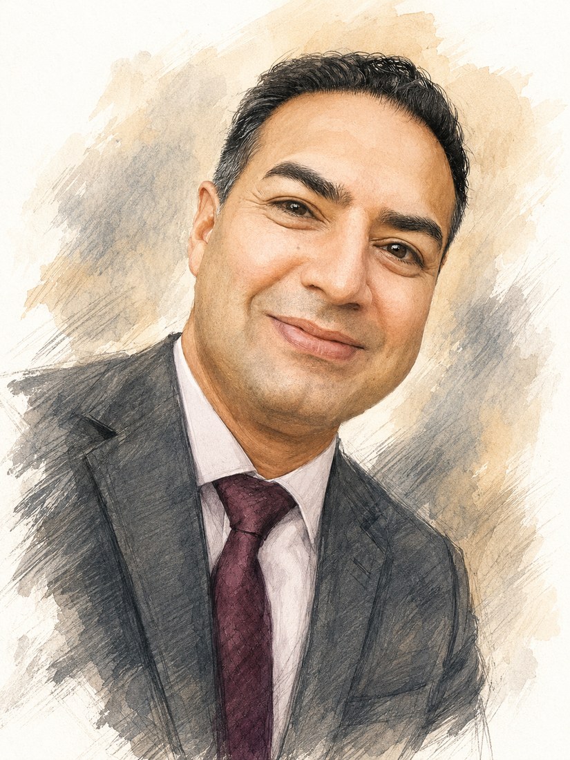 Watercolor portrait of attorney Gaurav Bali